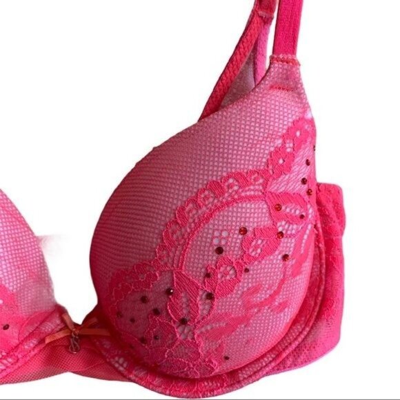 Victoria's Secret Lined Demi Bra Women 32C Hot Pink Lace Rhinestones - Picture 4 of 5